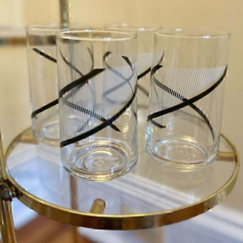 Georges Briard and Crisa Medium Glass Tumblers with Black Swirls and White Strip